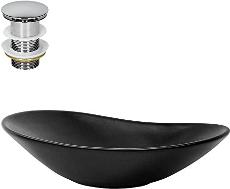 ML-Design Lavabo à Poser en Céramique Noir Mat, 630 x 360 x 155 mm, Ovale, avec Bouchon de Vidange 1 1/4 Universel Push Open, Vasque Évier Lave-Mains pour Salle de Bain, Design Minimaliste