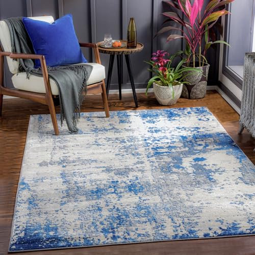 Livabliss Phuket Abstract Rug - Area Rugs Living Room 200x290 cm, Dining Room, Lounge, Kitchen, Bedroom - Modern Marble Large Rug, Soft Luxurious Easy Care Medium Pile, Blue, Grey, Cream