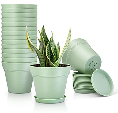 FHWTY Paquete de 16 macetas de plástico con agujeros de drenaje y bandeja, macetas de interior de 4 pulgadas de grosor, macetas de vivero para flores, violeta africana, suculentas y todas las plantas