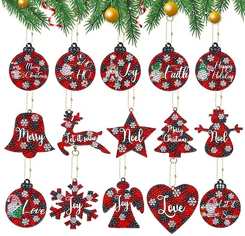 15 Pieces Christmas Diamond Painting Keychain Kit Red Christmas Baubles 5D DIY Diamond Art Key Chain Snowflake Bell Mosaic Diamond Pendant Full Drill Rhinestone Painting Key Chains for Kids Adults
