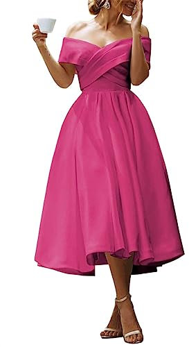 Vestido de baile para mujer, vestido formal de satén, con hombros descubiertos, vestido de noche, vestido de invitada de boda con bolsillos, fucsia, 34