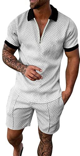 rtdgcv Koffer Reisetasche Schnell trocknende 3D-Kurzarm-Anzugshorts für Herren Strand Tropical HawaiianSS Body Sportshorts Anzug Sportanzug Joggen Herren Set (White, L)