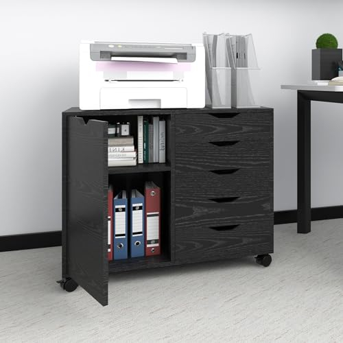 PUNCIA Rollcontainer aus Holz Aktenschrank mit Universalräder Büroschrank mit 5 Schubladen und Tür Druckertisch für Akten & Dokumente Büroschrank für Büro Office Zuhause Schwarz 78 x 40 x 60 cm