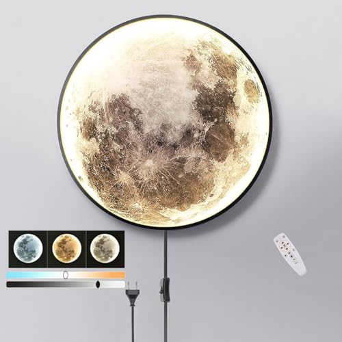 80cm Großer Mond Wandlampe Innen LED Dimmbar mit Fernbedienung 45W Wohnzimmerlampe Wandlampe mit Schalter und Kabel Stecker Runde Ultradünn Art Deco Wandbeleuchtung Mondlampe Schlafzimme Deckenlampe