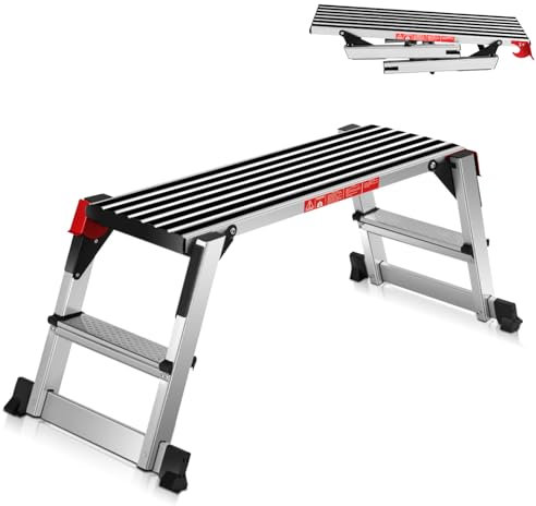 GiantexUK Aluminum Hop Up Platform, Folding Step Up Work Bench with Secure Locking, Non-Slip Strips & Foot Pads, Lightweight Step Stool for Car Washing Decoration DIY, Hold 150KG (128 x 53 x 49cm)
