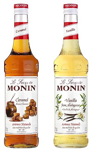 MONIN - Assortiment Sirop Saveur Caramel & Sirop de Vanille de Madagascar - Pour Café, Chocolat Chaud, Capuccino ou Latte - Arômes Naturels - Bouteille en Verre - 2 x 70 cl