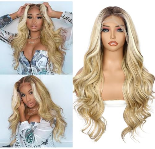 Sapphirewigs Blond Lace Front Perücke 13x4 Synthetische Körper Welle Highlight Blond Balayage Perücken Damen Party Date Tägliche Tragen Natürlich Aussehen Weihnachten 26inch