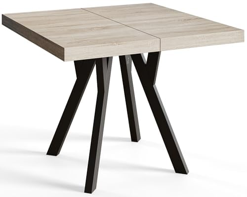Quadratischer Esszimmertisch RICO, ausziehbarer Tisch, Größe: 90-190X90X77 cm, Wohnzimmertisch Farbe: Sonoma, mit Holzbeinen in Farbe Schwarz