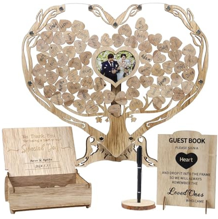Dezhier Alternative au livre d'or de mariage en forme de cœur, souvenir de mariage en bois rustique avec cadre photo en forme de cœur, boîte de rangement pour livre d'or en forme de cœur, décoration