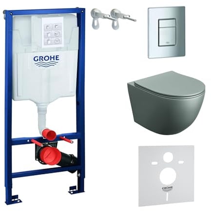 LAVITA Vorwandelement Solido + Wand Hänge WC Sinto Grau Spülrandlos + WC Sitz mit Absenkautomatik Verchromter Knopf Komplettset Unterputz Spülkasten Tornado Toilette Komplett Sett WC