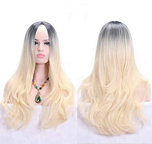 HBYLEE - Anime centrale radice scura nero rosa blu viola ombre parrucca capelli sintetici lunghi ondulati donna Cosplay fibra ad alta temperatura bionda[Colore]