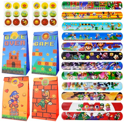 Siphus Party Mitgebsel Kinder, 24 Stück Kindergeburtstag Mitgebsel, 12 Cartoon Papiertüten, 12 Slap Armbänder Kinder, Spiel Thema Tüten mit Aufkleber, Kindergeburtstag Mitgebsel Geschenken Giveaways