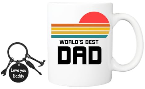 Pickhut World's Best Dad Mug and Keyring - Throw Back, Dad Birthday, Fathers Day, Christmas Cup and Keychain, from Son, Daughter, Ceramic 325ml Mug and Love You Daddy Black Metal Circle Keychain