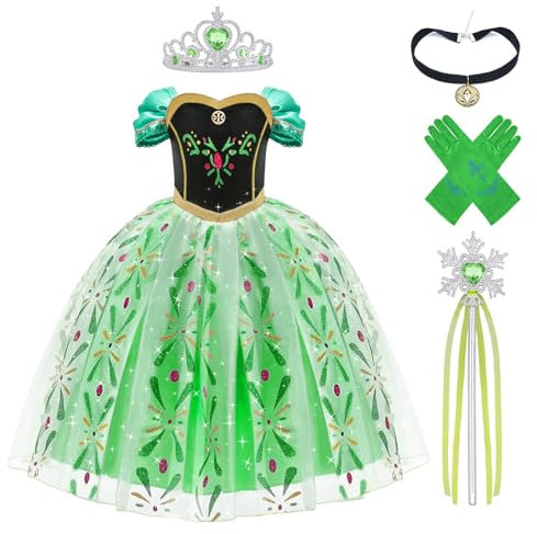 Aomig ELSA Kostüm Kinder Mädchen, 5 teiliges Anna Kleid Kinder mit Krone Diadem Handschuhe Zauberstab, Girls Frozen Princess Costume Weihnachten Verkleidung Karneval Halloween Geburtstag Party (130cm)