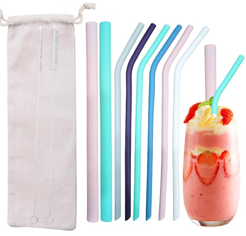 8Pack Silicone Straws Reusable,6 Bend and 2 Wide Straight Drinking Straw with Cleaner Brush and Pouch,Soft Flexible Straw for Children & Elderly