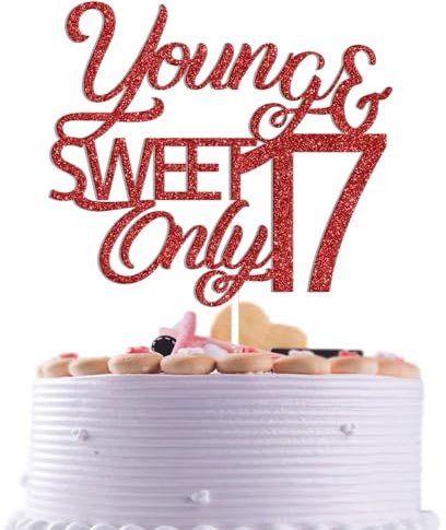 Tortenaufsatz mit rotem Glitzer, Motiv Young and Sweet Only 43.2 cm, Party-Dekoration zum 17. Geburtstag, Party-Dekoration, Partyzubehör zum 17. Hochzeitstag