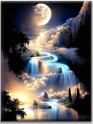Yiminu.DS Diamond Painting Erwachsene, Diamant Painting Bilder Blumen 30x40cm 5D Diamond-Painting Diamant Painting Bastelset BastelnWanddeko, Landschaft Wasserfall Mond