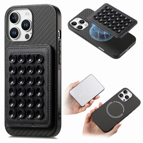 Funda magnética con ventosa para iPhone 16 Pro Max, funda 2 en 1 con textura de fibra para teléfono móvil, soporte de ventosa para espejo de ducha, carga inalámbrica, adecuada para maquillaje, selfie,