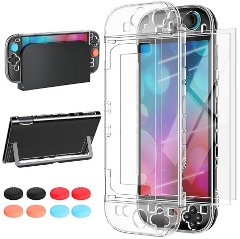 Hard Protective Case for Nintendo Switch 2(2025) with 2 Screen Protectors, Dockable Clear Crystal PC Cover Accessories Compatible with Switch 2 Console & JoyCon Controller with 8 Thumb Grip Caps
