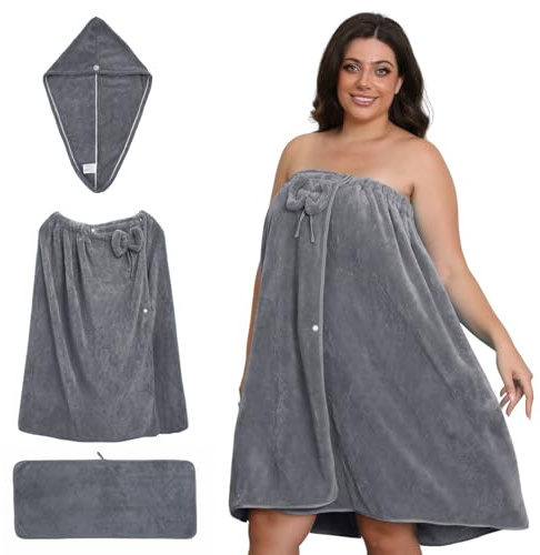 Emdelifo Badetuch-Wickeltuch in Übergröße für Damen (XXL-XXXXL), übergroßes Dusch-Wickelkleid, Spa-Bademantel, bequemer, Verstellbarer Körperwickel + Haartrockentuch + Handtuch (Grey, 160cmX80cm)