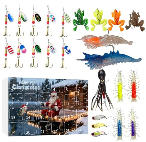 24 Tage Weihnachten Angelköder – Adventskalender – Angelköder-Set für Angler Männer Teenager Papa Ehemann Freund Süßwasser Salzwasser Forelle Bar Flüsse Seen Bäche