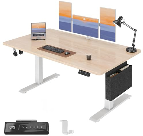 Airfish Höhenverstellbarer Schreibtisch Elektrisch 140x60cm, Stabiler Schreibtisch mit Aufbewahrungstasche, Memory-Funktion mit 4 Höhen, Computertisch für Homeoffice, Stehpult, Standing Desk, Beige