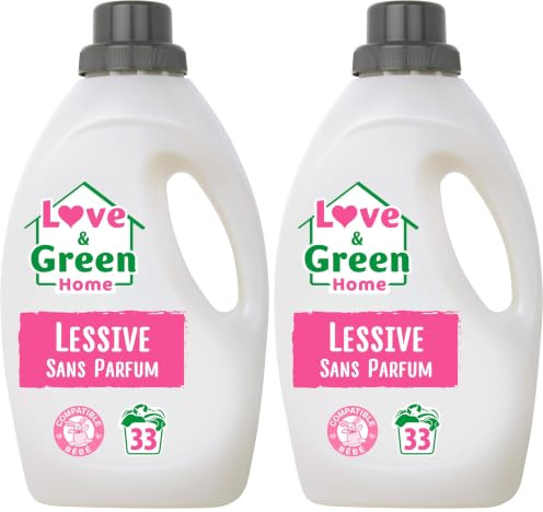 Love & Green Home Lessive écologique rechargeable Sans parfum certifiée Dermatest 5 étoiles et Ecodétergent par Ecocert - Compatible bébé - Fabriquée en France - 1,5L - 33 lavages (Lot de 2)