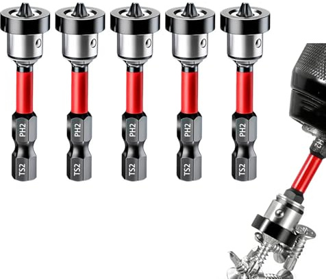 5pcs Trockenbau-Bit Aufsatz mit Tiefenanschlag, PH2 Magnetische Schrauber Bits für Schnellbau-Schrauben in Gipsplatten, 1/4 Sechskantschaft Gipskarton Bits, Trockenbau-Zubehör (5pc Rot)