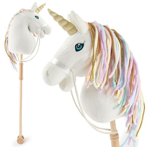 Bieco Steckenpferd Kinder Einhorn Rainbow, personalisiert | Hobby Horse Pferde | Steckenpferd Rollen | Holz Pferd Stab | Schöne Steckenpferde für Kinder Stockpferd personalisierbar