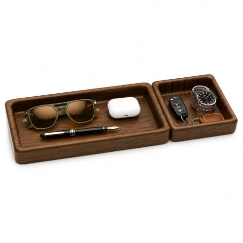 Northbound Goods Walnut Valet Tray Set 2pc - Key, Watch & EDC Catchall | Solid wood catchall for keys, wallet, watch & glasses. Use in entryway, on nightstand or office desk. Modern gift idea