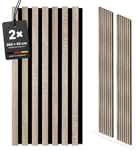 KGM Akustikpaneele ExPress Eiche Grau MDF - 30 x 1,7 x 260 cm, 2er Set | 3D-Wandverkleidung mit Filz, foliert, schallabsorbierend, 1,56 m² Deckung, für Wohn- & Büroräume, PEFC-zertifiziert