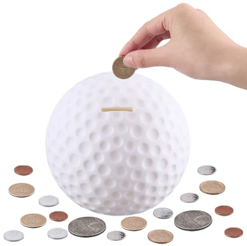 CREATCABIN Golfball Spardose Sport Sparschwein Bruchsicherem Kunststoff Rundes Dekoratives Cartoon Motiv Münz Bargeldspardose Für Damen Herren Büro Schreibtisch Zimmer Zuhause 16x14x3.2cm