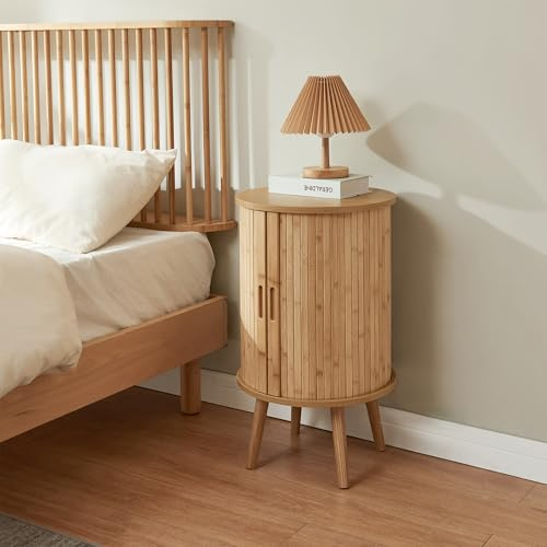 [en.casa] Nachttisch Nordkapp Beistelltisch mit 2 Türen Bambus rund 65 x Ø40 cm Nachtschrank hoch Holzbeine Nachtkästchen schmal Beistellschrank Natur
