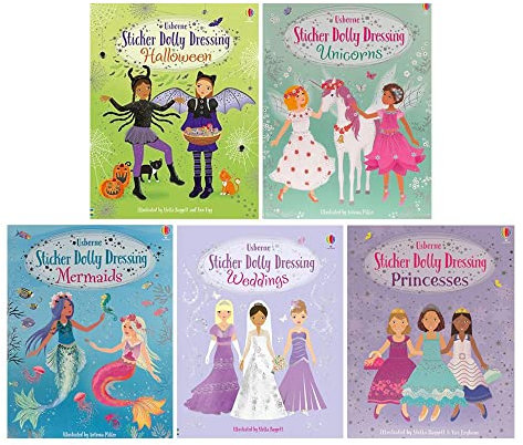 Usborne Sticker Dolly Dressing 5 Books Set Collection (Mermaids, Princesses, Unicorns, Weddings, Halloween