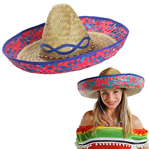 I LOVE FANCY DRESS SOMBREROS MEXICANOS DE PAJA CON PADRON AZUL OSCURO Y ROSA PARA ADULTOS PERFECTO PARA FIESTAS TEMATICAS (1 UNIDAD)