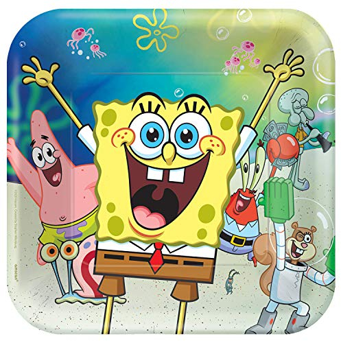 amscan 552627 - Platos cuadrados para fiesta de cumpleaños de Bob Esponja - Paquete de 8, multicolor, 23 centímetros