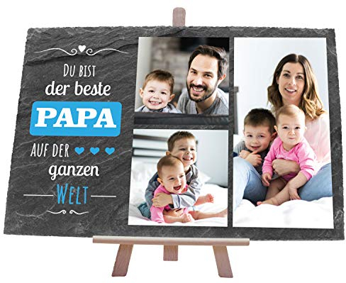 wandmotiv24 Schiefertafel Bester Papa, Personalisiert mit Ihren Farbfotos, Aufstellschild 3 Bilder & Spruch, Holz-Staffelei, Querformat 30x20cm, Natur Schieferplatte, Foto-Geschenk Vatertag, Deko