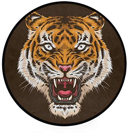 AJINGA Runder Teppich mit wütendem Tigerkopf-Logo, niedliches Spielteppich, Lernteppich für Kinder, für Spielzimmer, Schlafzimmer, 91 cm Durchmesser
