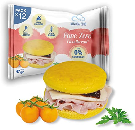 Nuvola Zero - Pane Zero Cloudbread, Pan Sin Carbohidratos, Sin Azúcar, Sin Lactosa, Alto en Fibra y Proteínas, Sin Gluten, Paquete de 12 uds, Fabricado en Italia