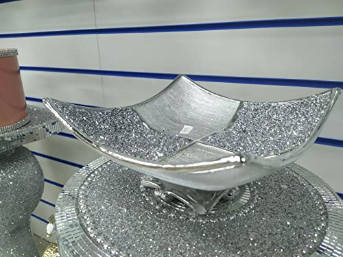 Biznest Ceramic Diamond Fruit Bowl Tray Romany Wide Crushed Bling Centrepiece (Silver)