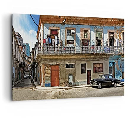 Bilder auf Leinwand 100x70cm Leinwandbild mit Rahmen Kuba Havanna Balkon Groß Wanddeko Bild Schlafzimmer Küche Deko Wandbilder Dekoration Wohnzimmer Wall Decor Canvas Wand Kunstdruck Art AA100x70-4255