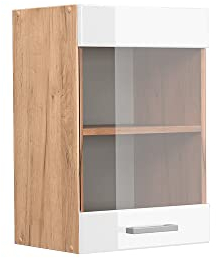 Vicco Küchenglasschrank R-Line, Glashängeschrank, Weiß Hochglanz/Goldkraft Eiche, 40 cm