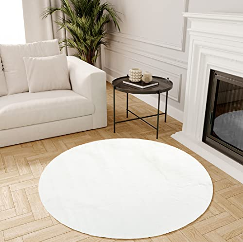TAPISO Kunstfell Teppich Rund Lammfell Schafffell Fellteppich Fellimitat Weiß Flauschig Wohnzimmer Schlafzimmer Bettvorleger Modern 100 x 100 cm