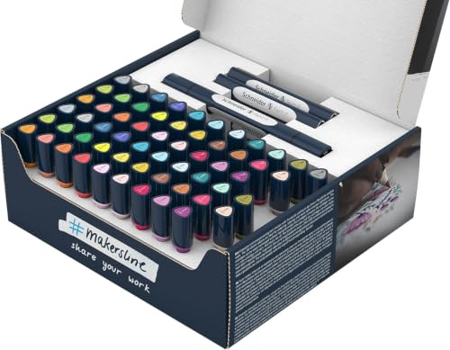 Schneider 040 Paint-It Twinmarker Komplettset (Brush Tip & 1,0 mm Rundspitze,farbintensive Tinte auf Wasserbasis,für die Anwendung auf Papier,Stifte aus 92% recyceltem Kunststoff) 72 Teile, mehrfarbig