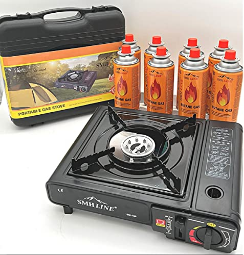 SMHLINE® Réchaud à gaz de camping avec 8 cartouches de gaz de 227 g - Mallette de camping - Cuisinière d'extérieur - Barbecue de table - 1 feu