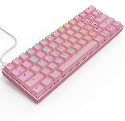 targeal 60% Mechanical Gaming Keyboard - 61 Keys Gateron Brown Switch Quiet Office Computer Keyboard - Multi Color RGB Rainbow Led Backlit - Programmable for PC/Windows/Mac/Gamer - USB Wired - Pink