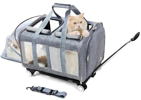 BEAUTYMONKEY.K Katzen Trolley für 2 Katzen - Transportboxen Katze mit Rollen für Zwei Tiere - Transporttasche mit Rollen & Abnehmbarem Untergestell, Ideal für Reisen, Tierarzt & Camping (55x44x33cm)