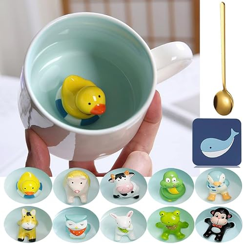 Arawat Ente Tasse Geschenk Lustige Kaffeetasse 3d Tier Ente Tasse Keramik 350 ml Teetasse mit Löffel Kaffeebecher Cute Tee Kaffee Becher Geburtstagsgeschenk für Freund Jungen Frauen Männer