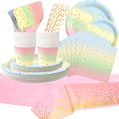 DUGEHO 101 Pcs Silver Polka dots Birthday Party Tableware Paper Plates Kids Birthday Set Including Tablecloth Plates Cups Napkins Straws for Baby Shower Birthday Wedding Party (20 Guests), Gold