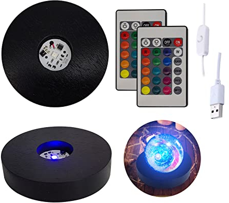 Schwarzes rundes Nachtlicht aus Holz, 16 farbige USB-Lampensockel für Kristalle, Glas, Harz, Kunst, bunte LED-Lichter, Display-Basis mit Fernbedienung (2 Stück)